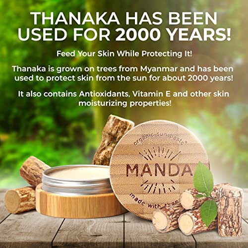 MANDA Organic Sun Paste - Natural, Reef & Ocean Safe - SPF 50 Sunscreen - Thanaka & Organic Ingredients for Active Lifestyles - Surfers, Hikers, Cyclists, Athlete Sunblock paste - 1.4oz Supply