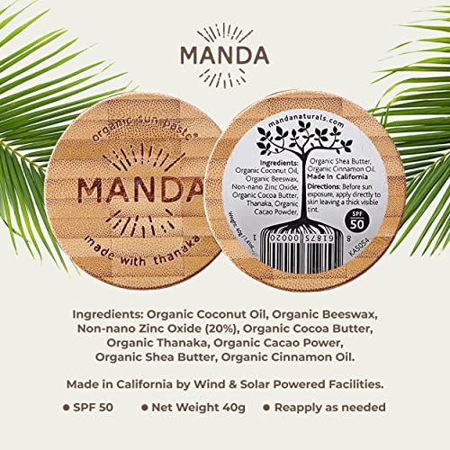 MANDA Organic Sun Paste - Natural, Reef & Ocean Safe - SPF 50 Sunscreen - Thanaka & Organic Ingredients for Active Lifestyles - Surfers, Hikers, Cyclists, Athlete Sunblock paste - 1.4oz Supply